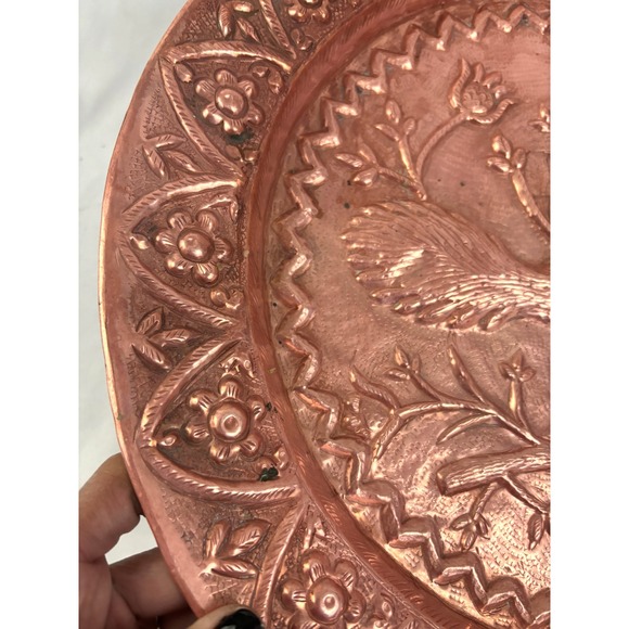 Vintage Hammered Copper Wall Plate Bird Floral Repoussé Hanging Decor 16" - Picture 9 of 11
